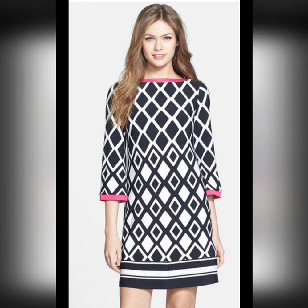 Joseph Ribkoff Mod Retro Geometric Shift Dress Black White And Pink🎀 Size Sm